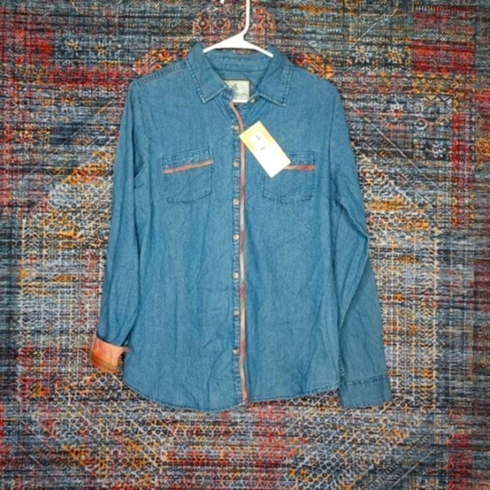 LEGENDARY womens blue jean Longbow flannel flip cuff bow hunting shirt L NWT